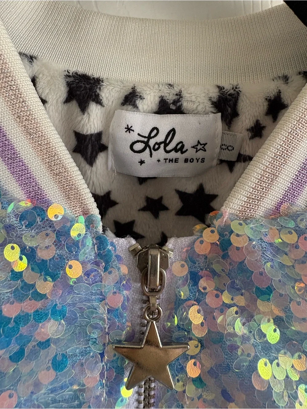 Lola+The Boys Icy Ombre Sequin Rainbow Bomber Jacket Unicorn Party Star Warm 10